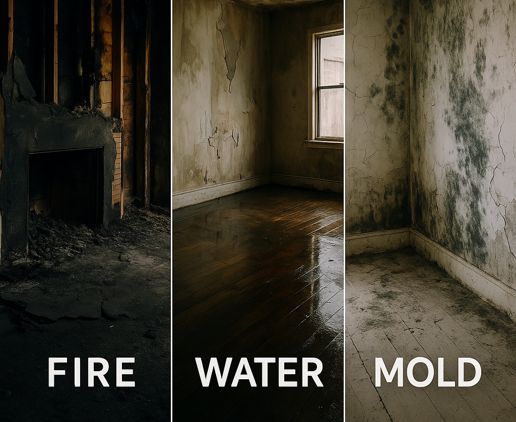 Interior damage from fire, water, and mold shown in three vertical panels of a Palm Desert, CA home — featuring a scorched living room, flooded hardwood floors, and mold-infested walls.